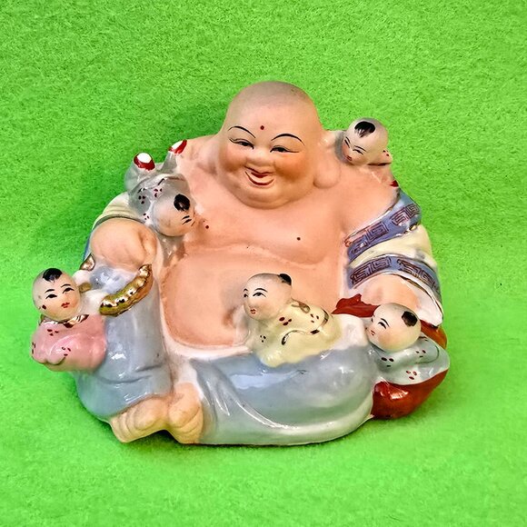 None Other - Vintage Chinese Porcelain Laughing Buddha With Five Children Statue hand painted